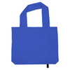 A blue tote bag with two handles and a simple design, featuring a logo.