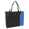 A tote bag featuring a black body with a blue accent and a front pocket. It has two long handles and a logo.