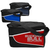 A nylon cooler bag in red, blue, and black with a strap and a logo on the front.