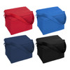 A cooler bag in red, blue, navy, and black, featuring a zippered closure and a sturdy shoulder strap.