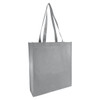 A large grey non-woven reusable grocery bag with sturdy handles and a broad gusset. Features a logo.