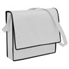 A white non-woven flap satchel with black trim and a shoulder strap; features a logo on the front.