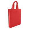 A red non-woven tote bag with two handles and a solid design, featuring branding.