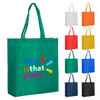 A green reusable grocery bag with two handles, featuring a logo, alongside bags in white, orange, red, yellow, blue, and black.