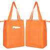 An orange non-woven cooler bag with top zip closure and handles, featuring a pocket on one side and a logo.