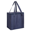 A navy non-woven cooler bag with a zipped lid and sturdy handles, designed for carrying drinks and food items.