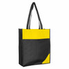A reusable grocery bag in black and yellow, featuring straps and a logo.