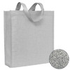 A grey patterned non-woven tote bag with two handles and a logo displayed in the corner.