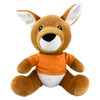 A plush toy kangaroo in brown with an orange shirt and white belly, featuring large ears and a friendly expression.