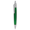A green plastic pen with a silver clip and tip, featuring a logo on its body.