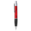A red plastic pen with a silver clip and black grip, featuring a logo on the barrel.