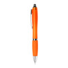 An orange plastic pen with a silver clip and tip, featuring a sleek matte finish. Includes branding on the body.