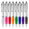 A collection of eight plastic pens in silver with vibrant coloured grips: pink, red, orange, green, blue, and purple.
