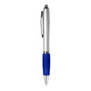 A silver and blue plastic pen with a smooth barrel and clip. It features a logo on the barrel.
