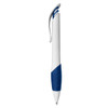 A plastic pen featuring a white barrel with a blue grip and clip, adorned with a logo.