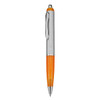 A plastic pen with an orange and silver design, featuring a clip and a glossy finish.