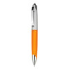 An orange plastic pen with a chrome clip and silver tip, featuring a logo.