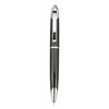 A plastic pen in black with silver accents and a logo on the side.
