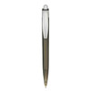 A plastic pen in grey with a silver clip and a smooth finish, featuring a logo on its body.
