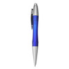 A blue plastic pen with a silver clip and tip, featuring a smooth, streamlined design. It has a logo on the side.