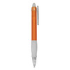 An orange and white plastic pen with a clear grip and a clip for easy attachment.