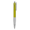 A plastic pen in vibrant yellow with a clear barrel and white grip. It features a clip for easy attachment.
