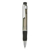 A plastic pen in grey with a chrome clip and a textured black grip. It features a logo on the barrel.