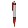 A plastic pen featuring a red grip and clip with a white barrel. It includes a logo on the surface.