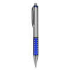 A plastic pen with a silver body and blue grip, featuring a shiny dot design and a clip.