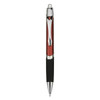 A plastic pen featuring a shiny red barrel, silver accents, and a black grip. It also has branding on it.