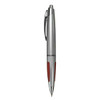 A silver pen with red accents and a clip, featuring a logo.