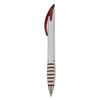 A plastic pen in white with a red grip and clip, featuring a silver accent and a logo on the barrel.