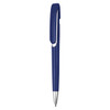 A blue plastic pen with a sleek design and a silver clip, featuring a logo on its body.