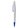 A plastic pen with a white body and a blue grip and tip, featuring a clip and branding.