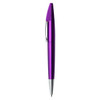 A purple metallic pen with a sleek design and a silver clip, featuring a logo on the body.