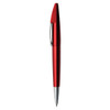 A red metallic pen with a shiny silver tip and clip, featuring a sleek design and a branding logo.