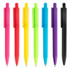 A collection of plastic pens in pink, red, yellow, green, blue, purple, and black, featuring clips and a logo.