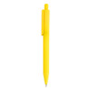 A yellow plastic pen with a clip and a smooth tip, featuring a simplistic design and a branding logo.