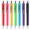 A set of six plastic pens in red, yellow, green, pink, purple, and black, each featuring a logo.
