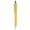 A plastic pen in bright yellow with a silver clip and a smooth, round barrel design.