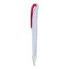 A plastic pen in white with a red clip and silver tip. It features a logo on the barrel.