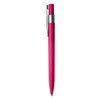 A plastic pen in bright pink with a silver clip and tip, featuring a logo.