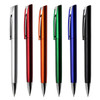 A collection of six metallic plastic pens in silver, red, orange, green, blue, and black, each with a clip and silver accents.