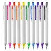 A collection of white plastic pens in various colours, including orange, yellow, green, blue, purple, and black.