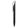 A black plastic pen with a clip and a sleek design, featuring a logo on the barrel.