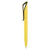 A yellow plastic pen with a sleek design and a black clip, featuring a branding logo.