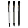 Three plastic pens in silver, grey, and black, featuring a logo on the clip.