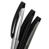 Three plastic pens in silver and black, featuring smooth designs and clips for easy attachment.