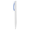 A white plastic pen with a blue clip and tip, featuring branding on its body.