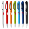 A set of eight pens in various colours: white, red, orange, green, blue, and black, featuring a logo.